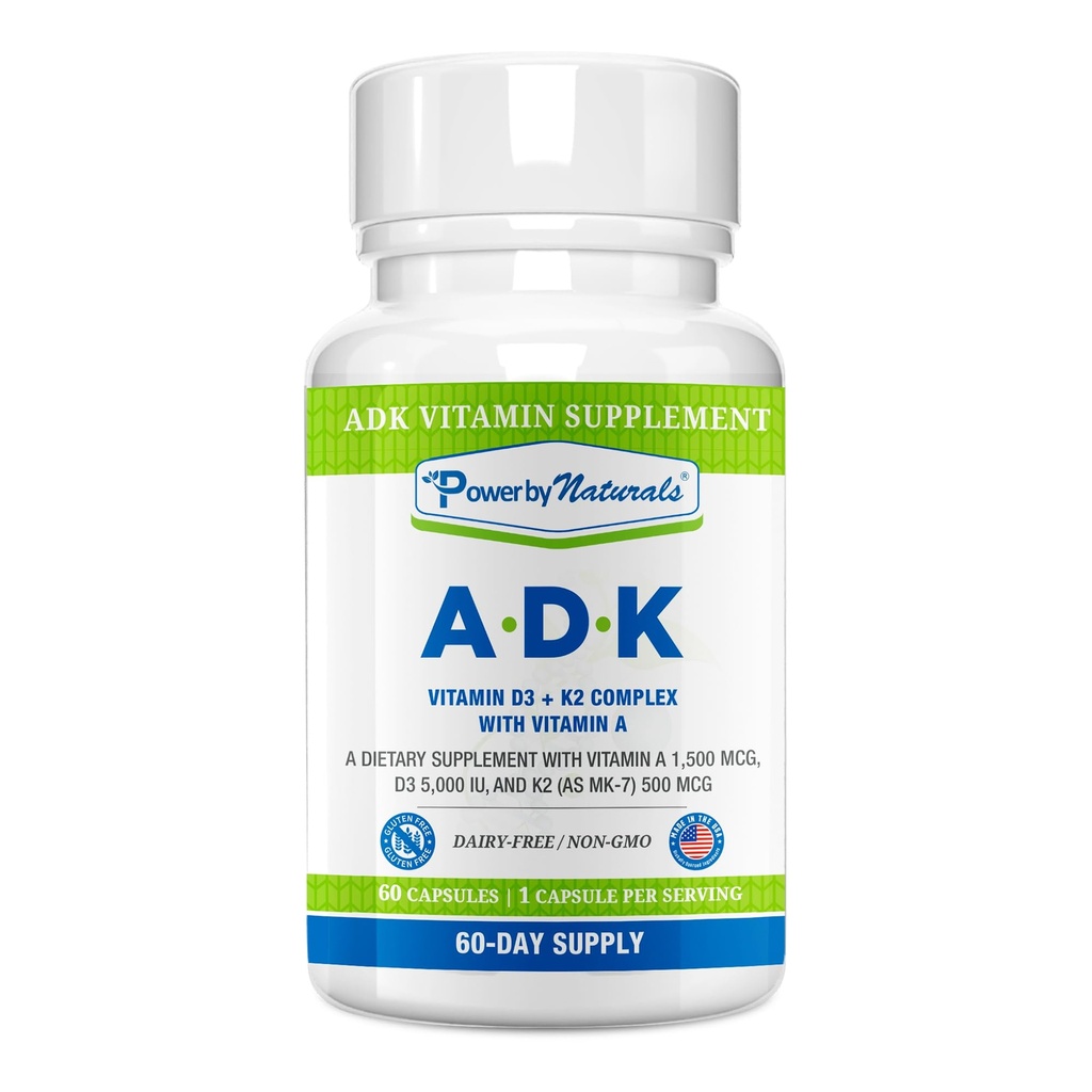 Power by Naturals ADK Suplimentul de vitamine - Blend de mare potenta de VIT A D3 K2 Vitamina 5000 ui - Suport Bone, Heart & Immune Health - 60 capsule (2 lună de aprovizionare)