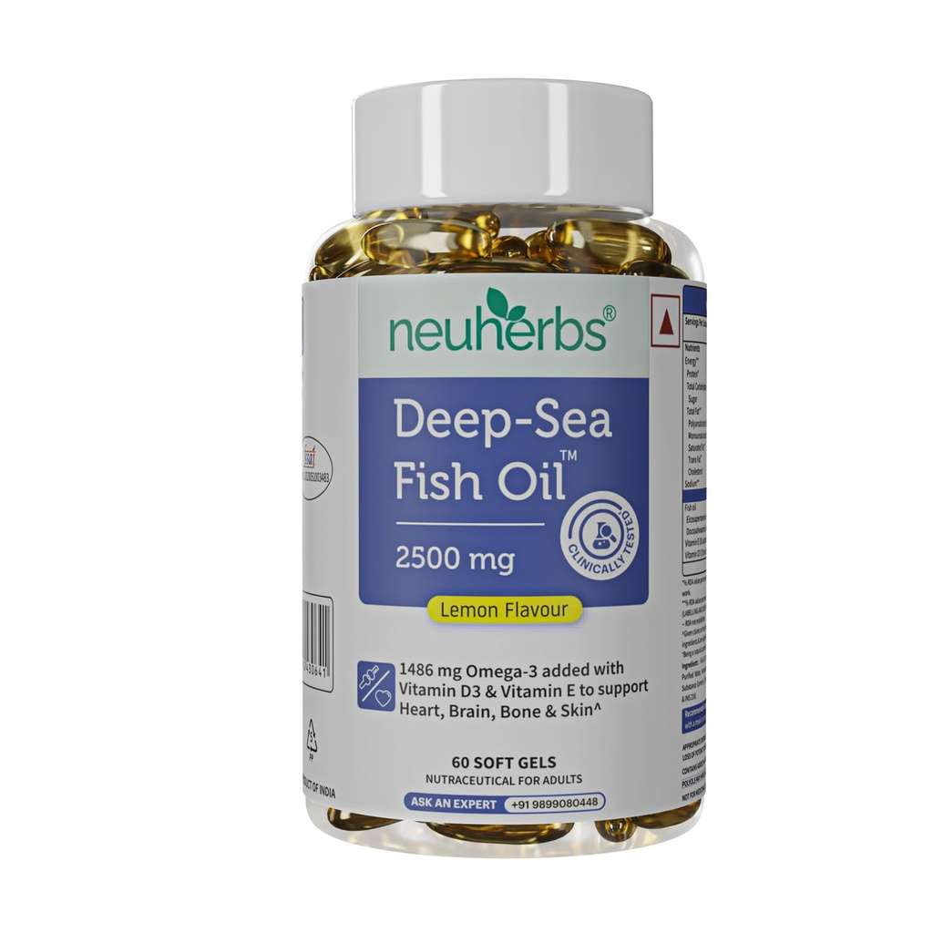 Neuherbs Deep Sea Fish Oil (60 Softgels) Omega 3 Supliment Triple Putere 2500 Mg pentru mușchi, articulații, inima & Cognitive Support 