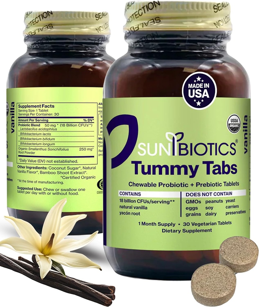 SUNBIOTICS Tummy Tabs - Tablete probiotice și prebiotice masticabile cu 18 miliarde CFU de 4 tulpini probiotice pentru bine gust Flora, Sistemul imunitar, și echilibrat Microbiom - Vanilie, (Pachet de 1)