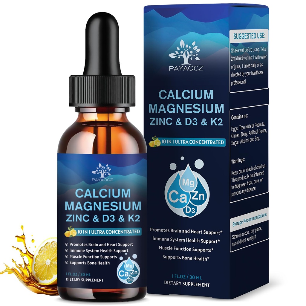 (1 ambalaj) Supliment de calciu de magneziu de zinc cu vitamina D3 K2 pentru femei, Glicinat de magneziu picături lichide Vegan pentru adulți Plus L-Theanin Boron Sea Moss extract, Bone, Crampe de somn și picior, 1 Fl Oz