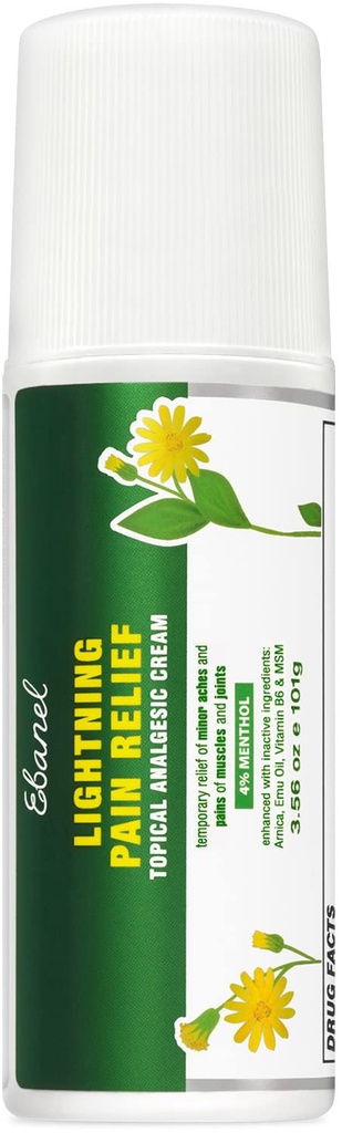 Ebanel Pain Relief Roll On pentru Artrita, Picior, Back, Joint, Neck, Strains & Strains cu Menthol, Camphor, Arnica, Emu Oil, MSM, Boswellia, Tintate dureri musculare Relief Roll On
