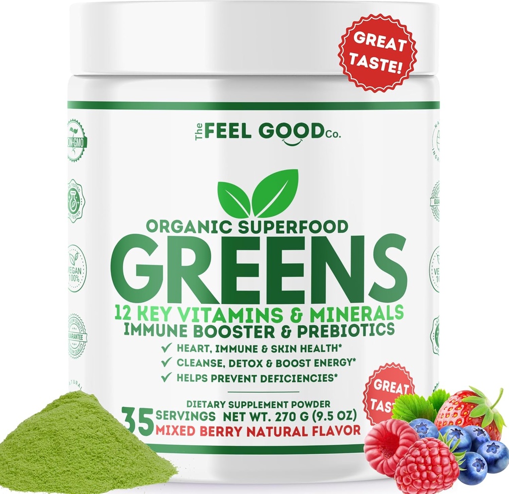 Feel Good Super Greens Powder - Suc verde organic, Iarba de grâu Nu Adăugat zahăr, Spirulina, Chlorella, Probiotice, Digestive Enzime, Antioxidant bogat, Imunitate Boost Green Superfood, 35 SVG, Daily