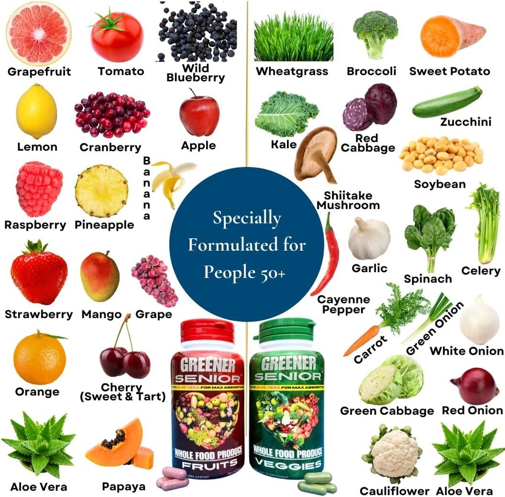 Fructe & Veggie Toată Suplimentul alimentar - Formulat pentru Seniori pentru Absorbție Max - 90 capsule de fructe și 90 Capsule vegetale - 1 set