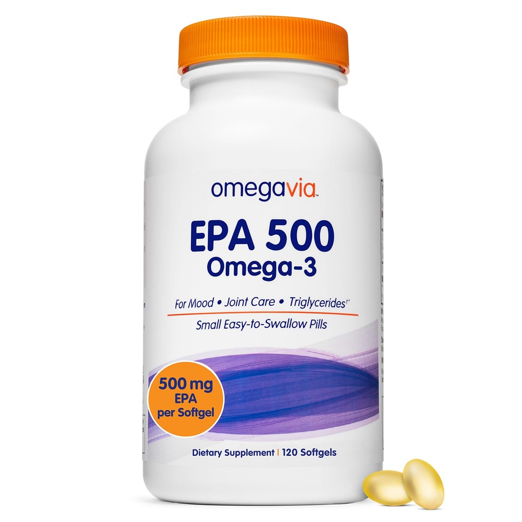 OmegaVia EPA 500, Purified Omega-3 Fish Oil Supplement, 500 mg EPA in Trigliceride Form, Burpless Fish Oil, Non-GMO, Gluten-Free, IFOS 5-Star, 120 Softgels