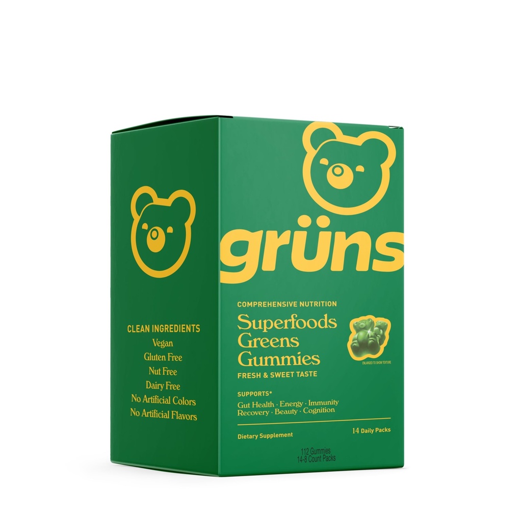 Gruns Super Greens Gummy Bears - Spirulina organica si Chlorella, Prebiotice pentru Digestive Health, 20+ Vitamine si Minerale - 14 plicuri - 112 Gume
