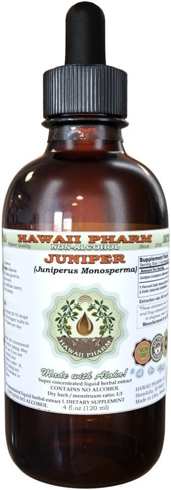Extract lichid fără alcool Juniper, Juniper organic (Juniperus Monosperma) uscat Berry Glycerite Hawaii Pharm naturale Herbal Supliment 4 oz