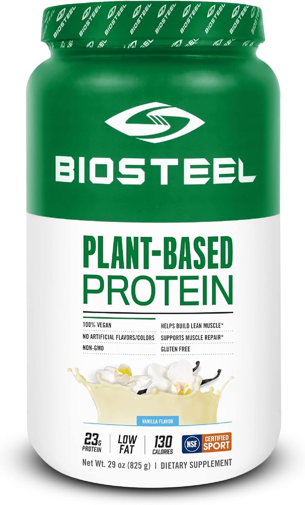BioSteel Vegan Praf de proteine - Vanilie, NSF pentru sport, 1.8 lbs, 22g Proteina, 25 Serviri - Pudră de proteine pe bază de plante cu orez brun, mazăre și semințe de dovleac - Pulbere de proteine de plante premium
