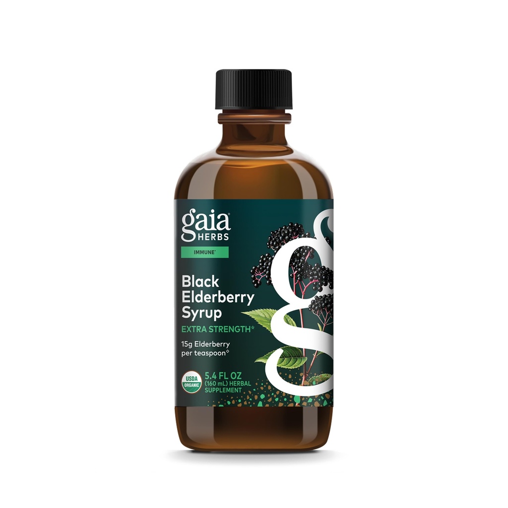 Gaia Herbs Black Elderberry Syrup - Supliment de sprijin imun - Made with organic Black Elderberberries (Sambucus nigra) for Immune System* - USDA Certified Organic Formula - 5.4 Fl Oz (32-Day Suppliment)