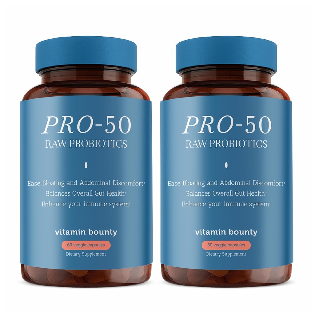 Vitamina Bounty Pro- 50 Probiotic 50 Miliarde CFU - 13 Strain Supliment pentru bărbați și femei + Prebiotice - Digestive Health & Gut Support - Lactobacillus & Bifidobactery - capsule cu eliberare întârziată, 2 Pack