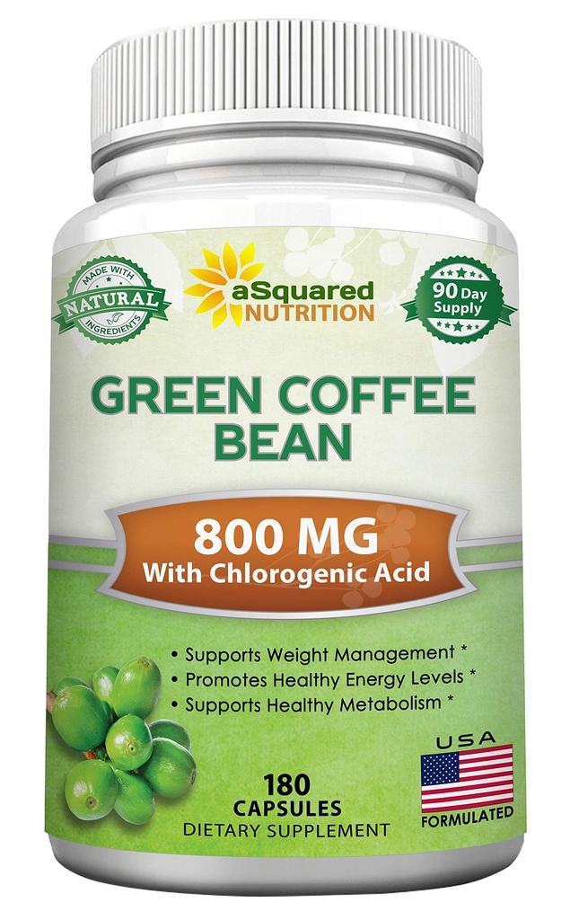 aSquared Nutrition Natural Green Coffee Bean Formula-180 Capsules-Max Putere GCA Antioxidant Curățare pentru pierderea în greutate pură, 800 mg pe pilulă-Clorogen Acid-1600 mg Supliment zilnic, Fat Fat Burner sănătos