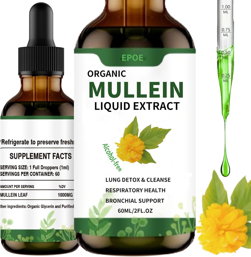 Picături lichide cu Mullein Leaf, Mullein picături pentru plămâni Booster respirator organic alcool gratuit, Lung Curățenie pentru Immune și de asistență pentru sănătate respiratorie, alb