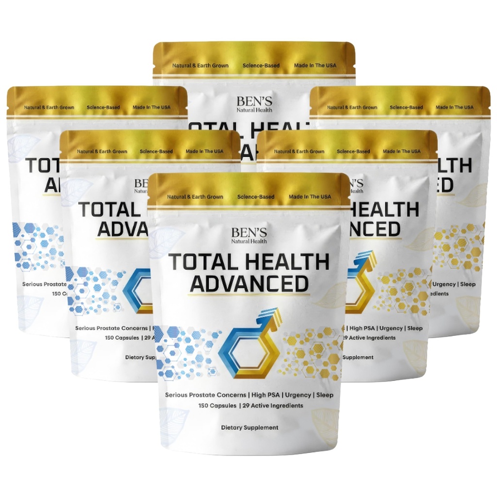 Ben's Natural Health Total Health Advanced, Prostate Supplement with 29 Ingrediente Beta-Sitosterol, Vitamine C, D, E, Zinc, Pygeum, Turmeric, Holy Basil, 900 Capsule, 6 Pack