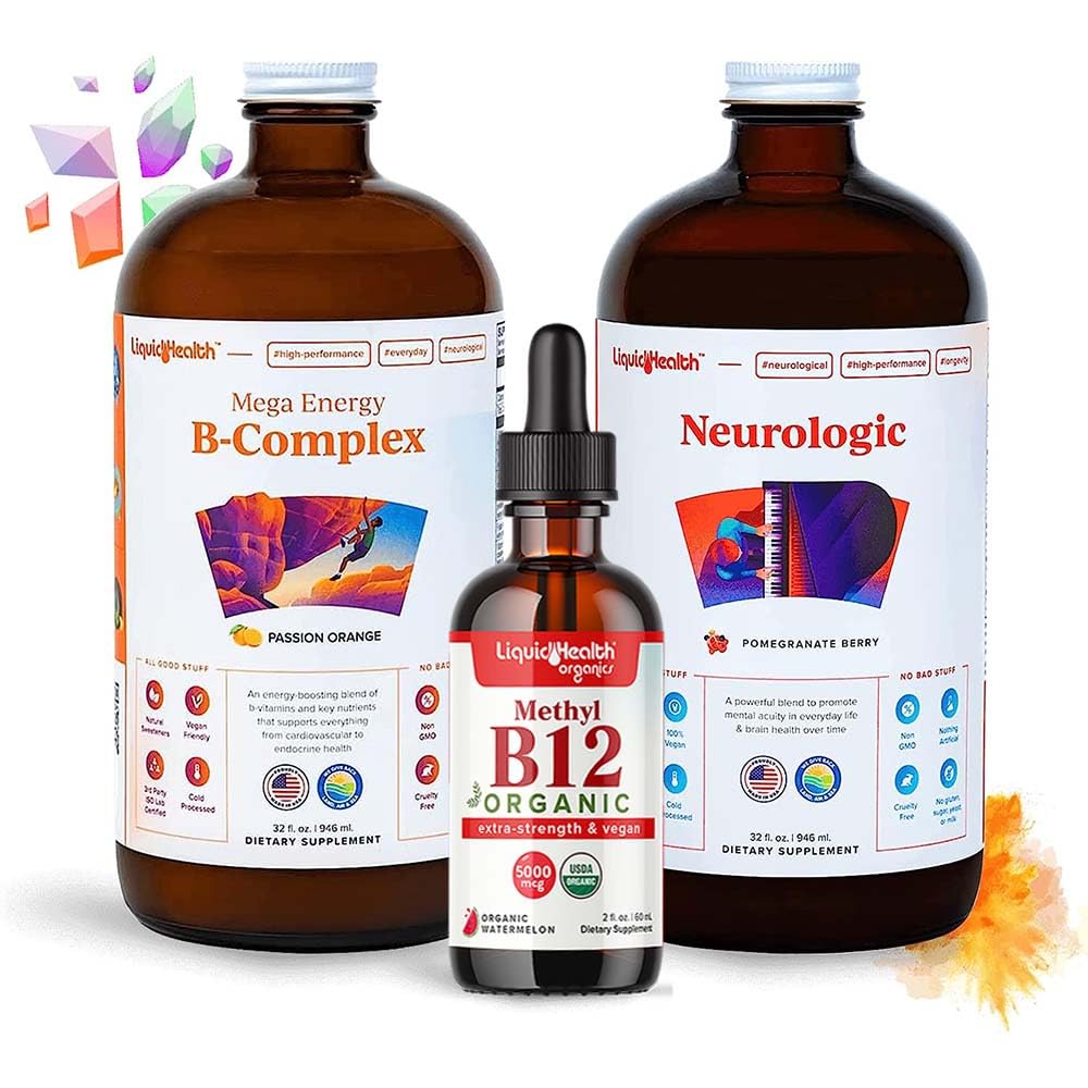 LIQUIDHEALTH Adult Focus & Energie lichid Vitamina Bundle cu Mega Energy B-complex, USDA organic de metil B12 picături, neurologic Nootrop concentrat Supliment - Boost Energy, Mood - Statele Unite ale Americii Made, Vegan, Non-GMO