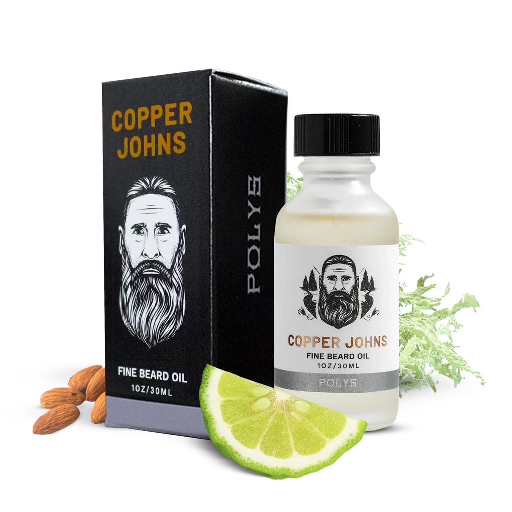 Copper Johns Premium Beard Oil for Men - Formula naturala cu ulei de jojoba & Castor - Lightweight Beard Moisturizer - Softens, Hydrates & Tames Frizz - Polys-Bergamot & Cherry Almond 1 oz