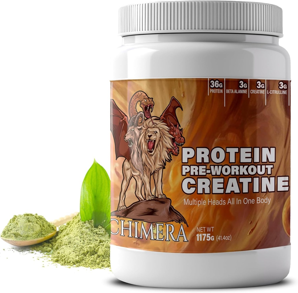CHIMERA All-in-One Proteine & Pre-Workout pulbere - 36g Proteina, 3g Creatina, non-GMO, Sugar-Free, Sodiu scăzut, Cafeina Naturală din Matcha, fără arome artificiale