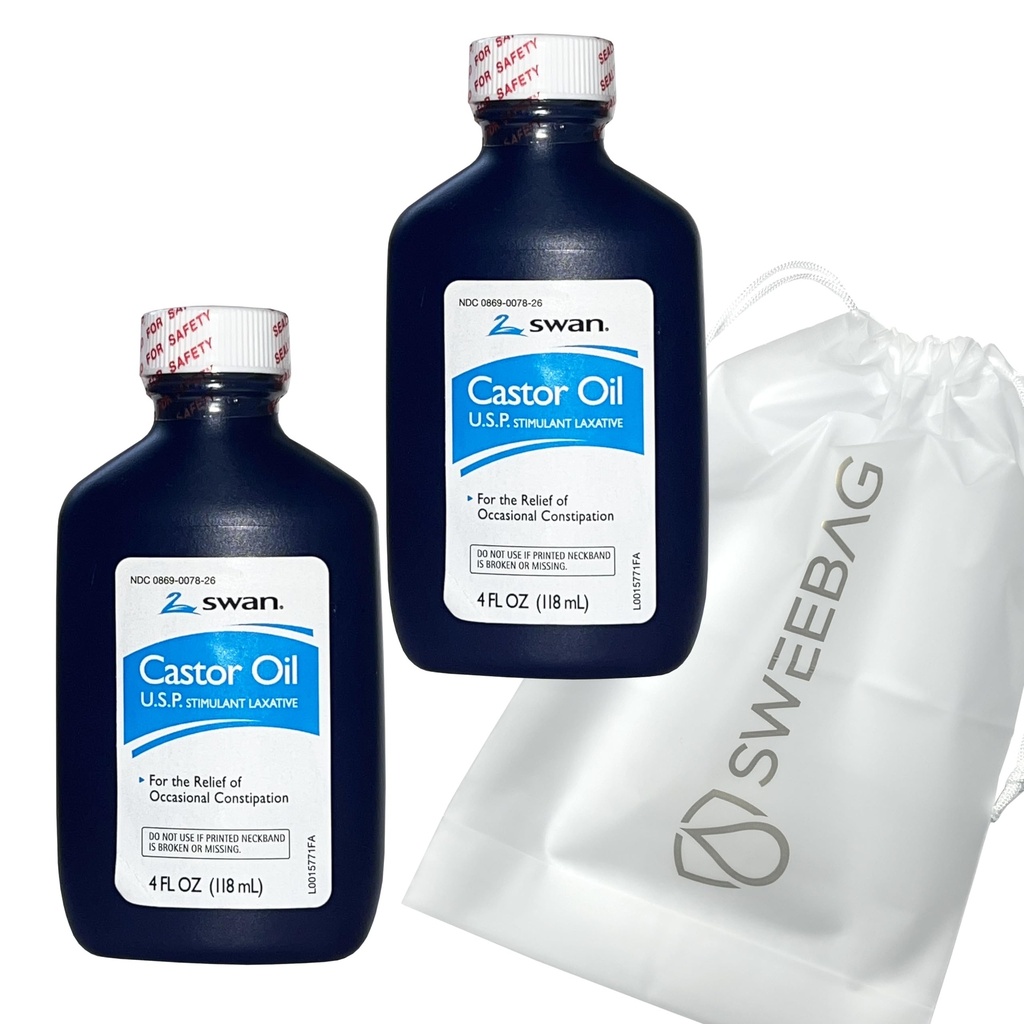 SWAN Castor Oil USP 100% Stimulant Laxativ pentru Relief de constipație ocazională 4 Fl Oz (Pachet de 2) Plus sac puternic și impermeabil