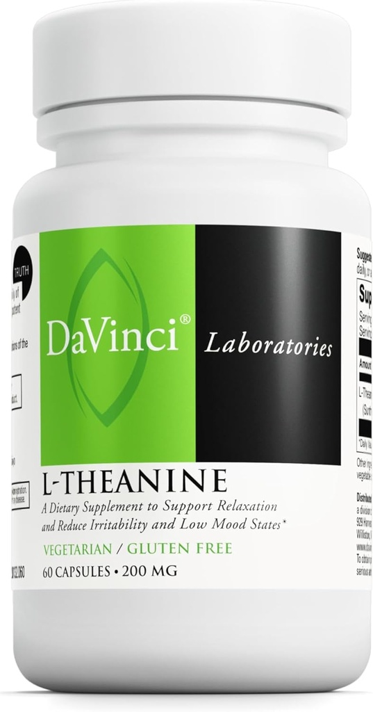 DAVINCI Labs L-Theanine - Supliment alimentar pentru a ajuta cu concentrare, concentrare, relaxare și iritabilitate* - cu 200 mg L-Theanin per Serving - 60 Capsule vegetariene