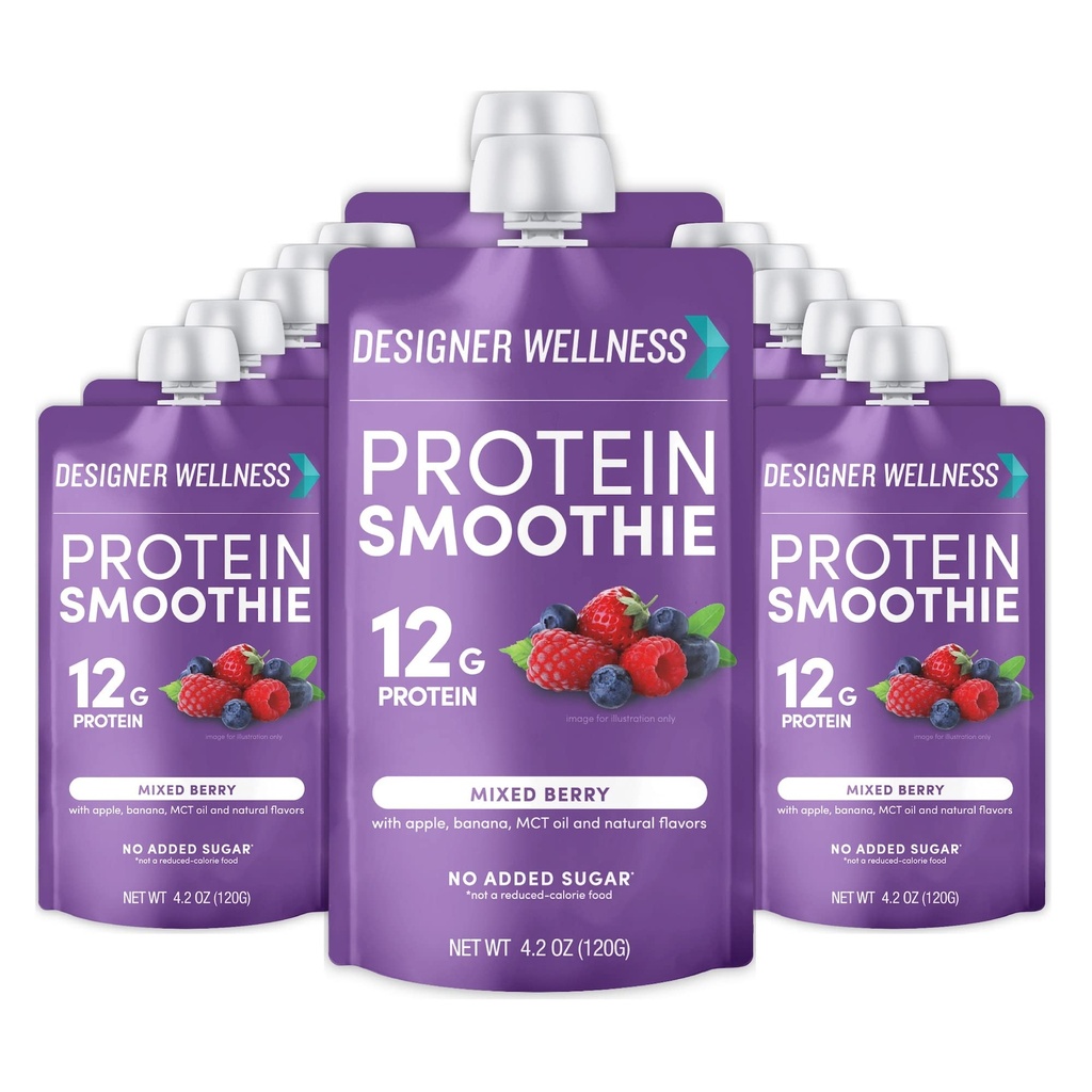 Designer Wellness Proteine Smoothie, fructe reale, 12g Proteine, carbohidrat scăzut, Zero Adauga zahar, Gluten-Free, non-GMO, Fără culori artificiale sau arome, Berry mixt, 12 Conte