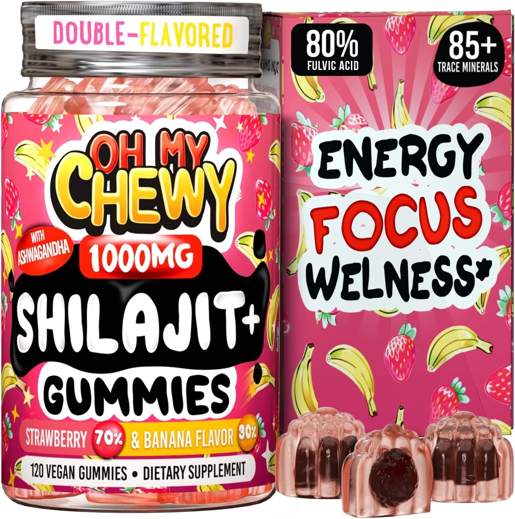 Pure Himalayan Shilajit Gummies - Resin de calitate înaltă a aurului - Boost energetic și suport imunitar pentru bărbați și femei cu Ashwagandha și Shatavari - 120 Gummy - Căpșuni și banane