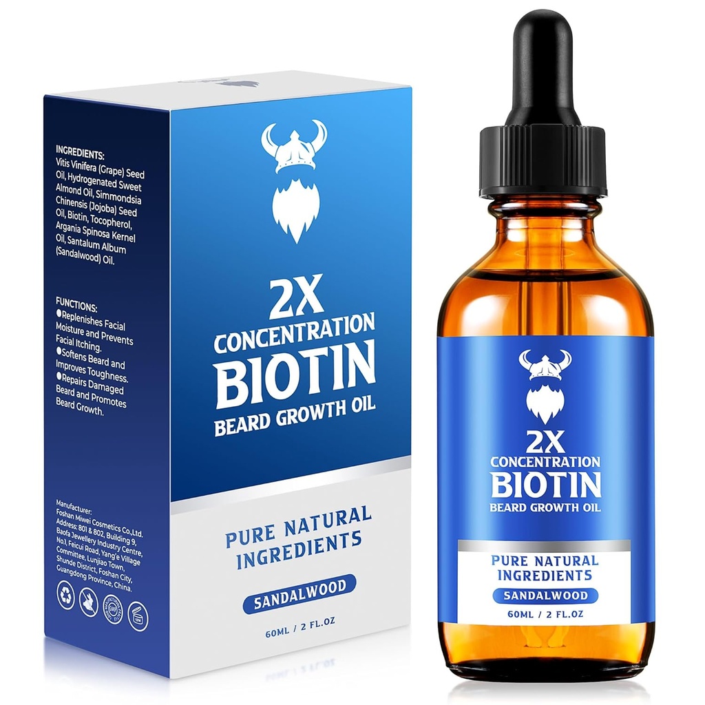 Ulei de barbă de creștere - 2X Concentration Biotin Barbă ulei pentru bărbați (2 oz) - Natural Mens Beard Ulei cu ulei de argan, ulei Jojoba și vitamina, Softener de creștere barbă, Moisturizer (Sandalwood)