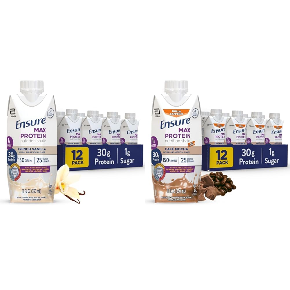 Asiguraţi-vă că alimentaţia cu proteine Max Shake cu 30g Proteine, 1g Zahăr, Shake proteic ridicat, Vanilie franceză & Cafe Mocha, lichid, 11 fl oz (Pachet de 12) Bundle