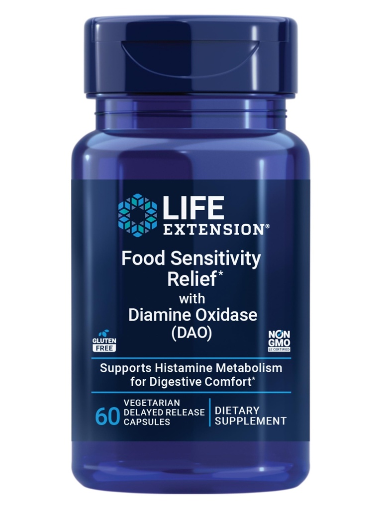 Extensie de viaţă Produse alimentare Sensibilitate Relief cu Diamine Oxidază (DAO), Gaz Ocazional, Digestive Comfort, Histamină Sensibilitate, DAO Enzyme Supliment, Gluten Free, Non-GMO, Vegetarian, 60 Capsule