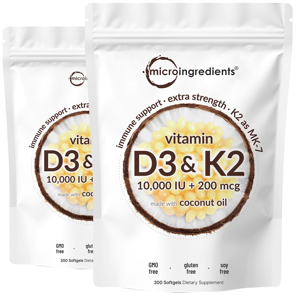 2 ambalaj Vitamina D3 10000 ui Plus K2 (MK-7) 200 mcg, 300 Virgin ulei de cocos Softgels 