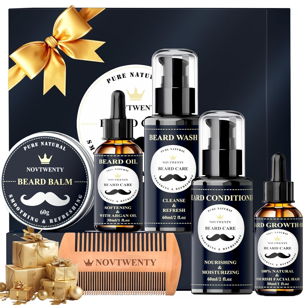 Kit de crestere barbă - 7 PC Kit, Include spălare, ulei, balsam, Comb, Set cutie cadou pentru bărbați
