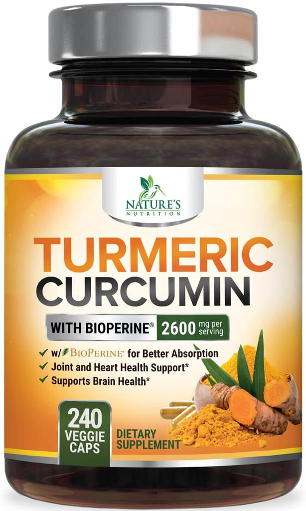 Curcumina Turmeric Supliment 2600 mg - 95% Curcuminoide cu Turmeric organic și extract de piper negru BioPerine pentru cea mai bună absorbție, suport comun Vegan naturale, non-GMO, îmbuteliat în SUA - 240 capsule