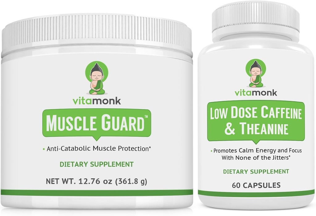 VitaMonk Muscle Guard & Low Dose Caffeine Bundle, HMB, EAAS, Vitamina D, Magneziu pentru cresterea musculara si cofeina cu L-Theanina, Smooth Energy Boost, Suplimente pentru barbati si femei, Muscle & Focus Support