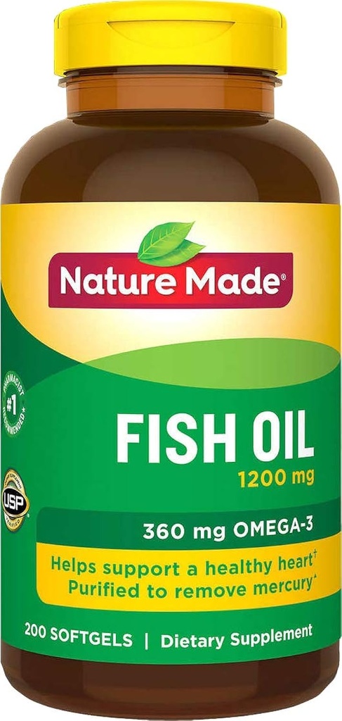 Ulei de pește natural fabricat 1200 Mg (360 Mg Omega-3) 200 Softgels lichide