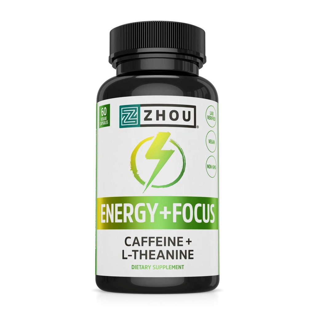 Zhou Energie + Focus - L Theanine Cafeine pastile, 200mg L-Theanină, 100mg Natural Anhidrous Cafeina Boost pentru adulți, Bărbați și femei, Slow Extended Release - 60 Capsule vegetariene (Pachetul de 1)