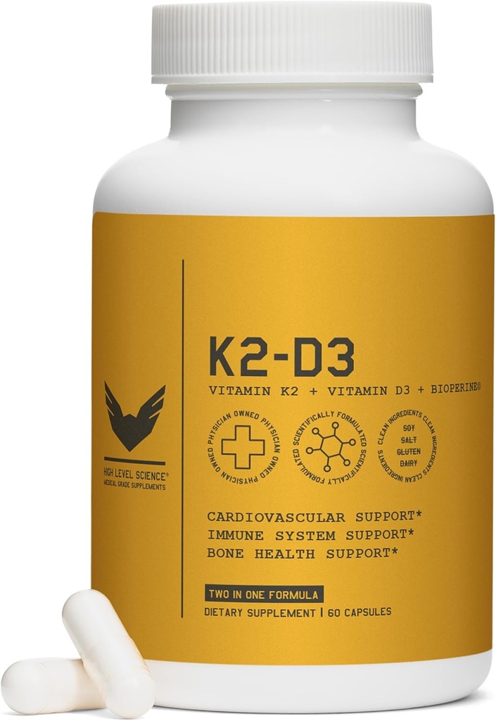 Nivel înalt K2D3, Vitamina K2 & D3 Supliment cu BioPerine Black Pepper, Complex de acţiune dublă pentru inimă, oase, suport imun, 5000 UI D3, 100 mcg K2, Vegetarian, 60 Capsule vegetale