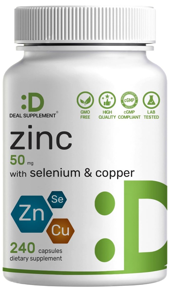Deal Supliment de zinc 50mg cu Seleniu + Cupru, 240 capsule, 8 luni de aprovizionare, 3 în 1 Formula minerala, Zinc Picolinat Complex Supliment, Suporturi Sistem imunitar sănătos pentru adulți și copii