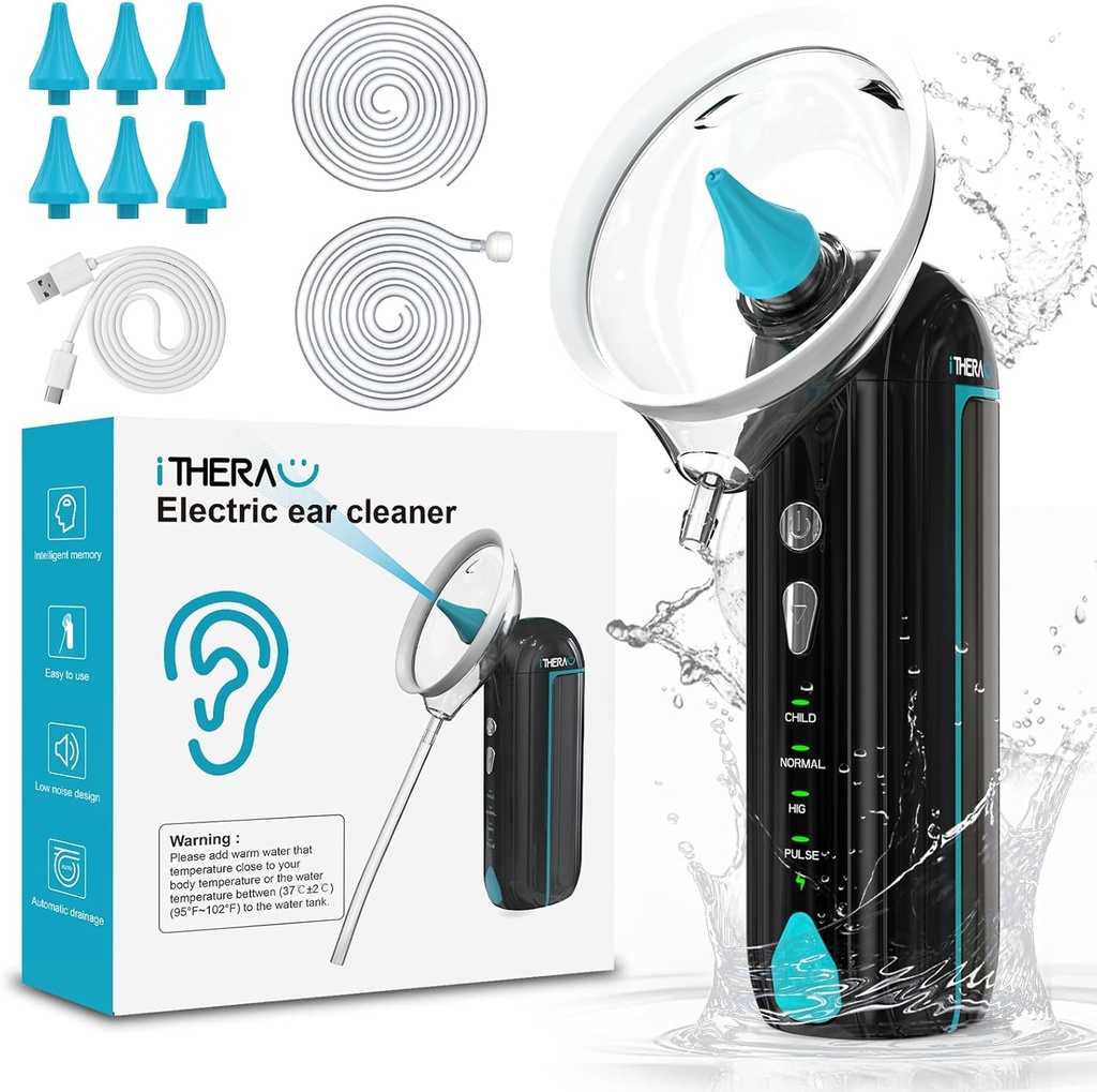 iTHERAU Cleaner ureche apă alimentată Ureche Curățare electrică Kit de curățare urechi cu 4 moduri de presiune Irigare ureche sigură și eficientă
