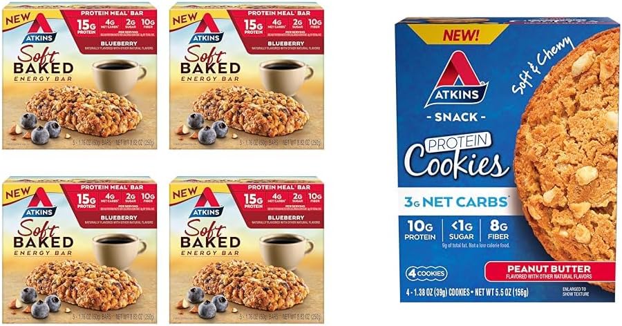 Atkins Soft Baked Energy Bars, Afine, 15g Proteine, 2g Zahăr, Excelent Source & Unt de arahide Proteine Cookie, Proteine Desert, bogat în fibre, 3g Net carbohidrat, 1g zahăr
