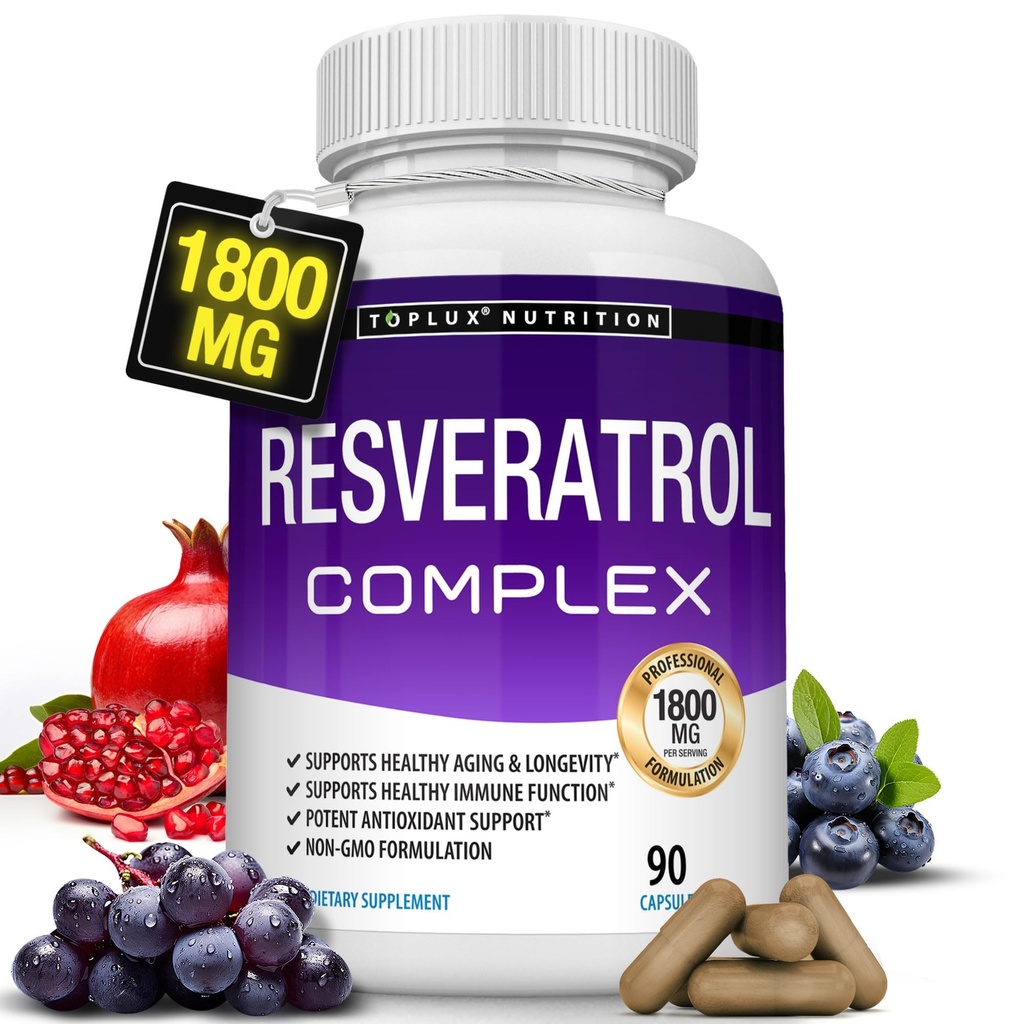 Resveratrol Supliment 1800 mg Antioxidant Complex - Trans-Resveratrol naturale extrem de potent pastile pentru imbatranire sanatoasa, suport global de sanatate, Sistem imunitar, Functia creierului, pentru barbati Femei, 90 capsule