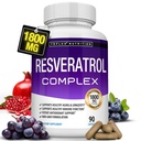 Resveratrol Supliment 1800 mg Antioxidant Complex - Trans-Resveratrol naturale extrem de potent pastile pentru imbatranire sanatoasa, suport global de sanatate, Sistem imunitar, Functia creierului, pentru barbati Femei, 90 capsule