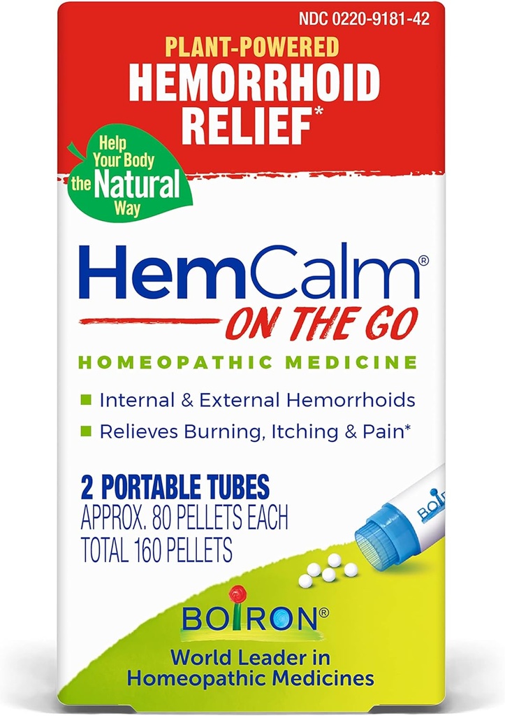 Boiron HemCalm On The Go Travel Essential for Hemorhoid Relief of Pain, Itching, Umflare sau Discomfort - 2 Count (160 Pellets)