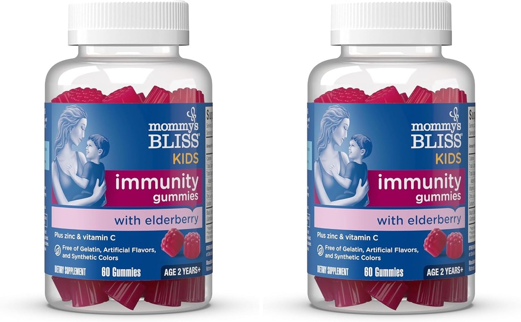 Bliss Kids Elderberry Gummies, Suportă Imunitate cu Black Elderberry, Zinc & Vitamina C, Gluten Free & Vegan, Vârsta 2 ani + (60 Conte) (Pachet de 2)