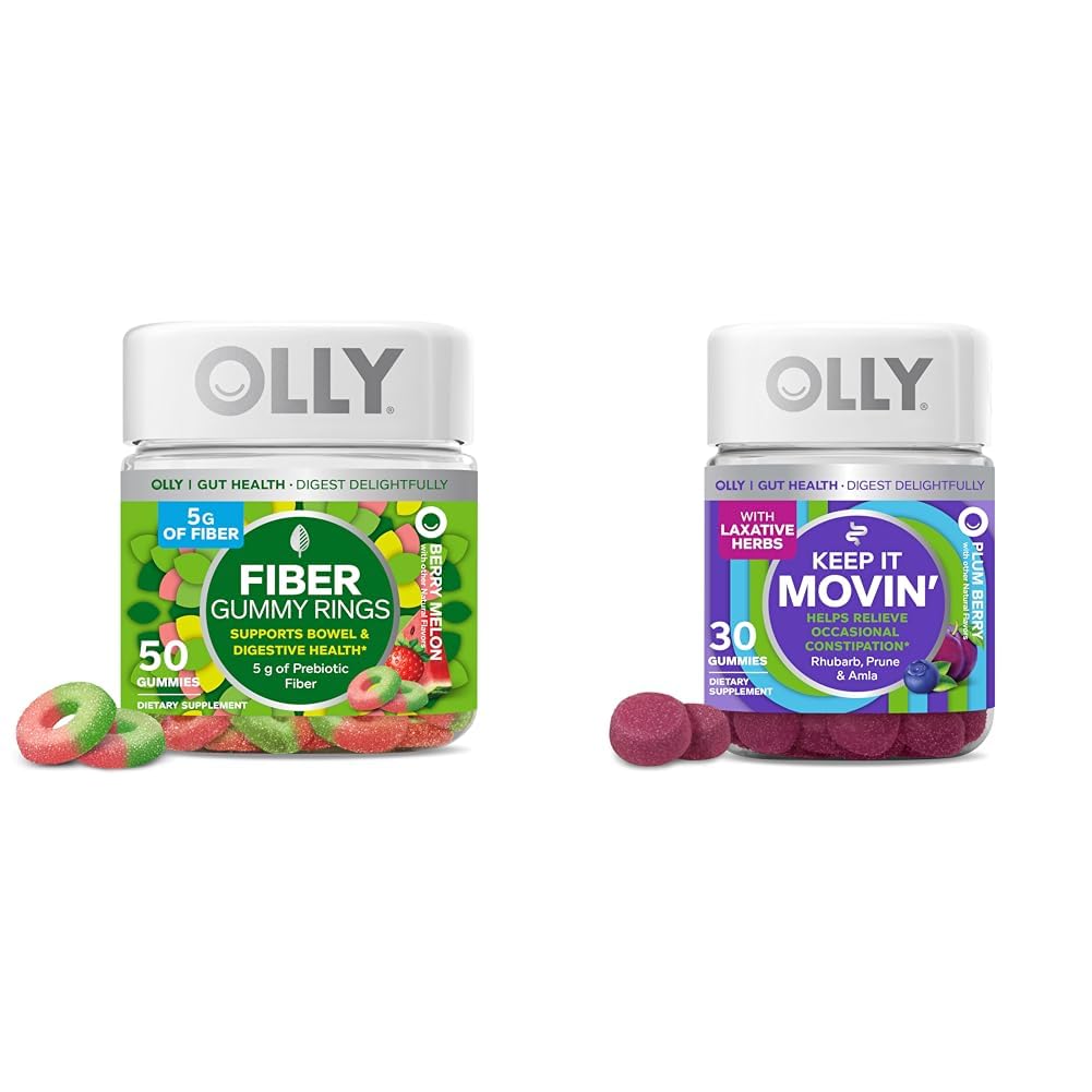 OLLY Fiber Gummy Rings, 5g Prebiotic Fiber, FOS (Fructo-oligozaharide), Digestive Support, Berry Melon 50ct & Keep it Moving Constipation Relief, Rubarb, Prune, Amla - Plum Berry Flavor - 30ct