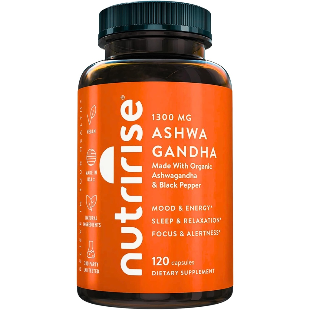 NutriRise capsule organice Ashwagandha rădăcină cu Pepper negru, 1300mg, stres natural & Mood, tiroidă, și supliment de sprijin imun, Claritate, Focus & Energie, Gluten gratuit, 120 Conte