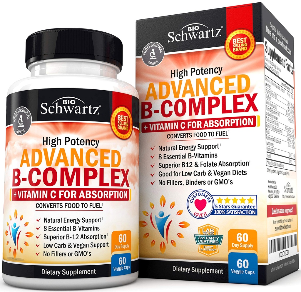 Complex de vitamina B cu vitamina C pentru absorbţie maximă - Metilcobalamină b12 şi folat Acid folic - B1 B2 B3 B5 B6 B7 B9 pentru suport pentru sistemul imunitar şi nervos - non-GMO, 60 număr