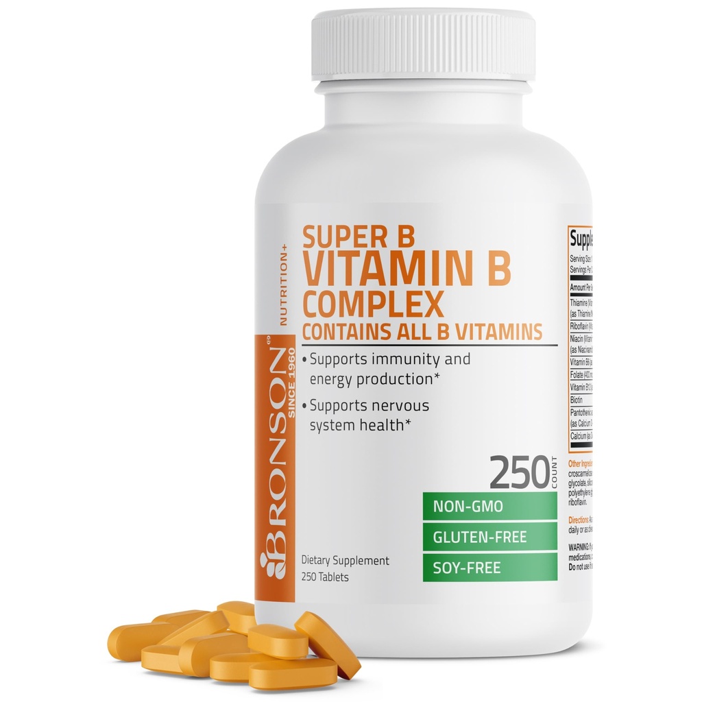 Complexul de vitamine Bronson B (Vitamina B1, B2, B3, B6, B9 - Acid folic, B12), 250 comprimate