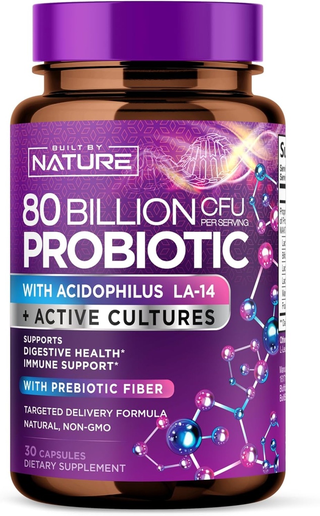 80 Miliarde de CFU Probiotic - Daily Digestive Gut Health Supplement for Men & Women - Lactobacillus acidophilus, Bifidobacterium & Prebiotice - Non-GMO, Gluten & Dairy Free, Perioada de valabilitate - 30 capsule