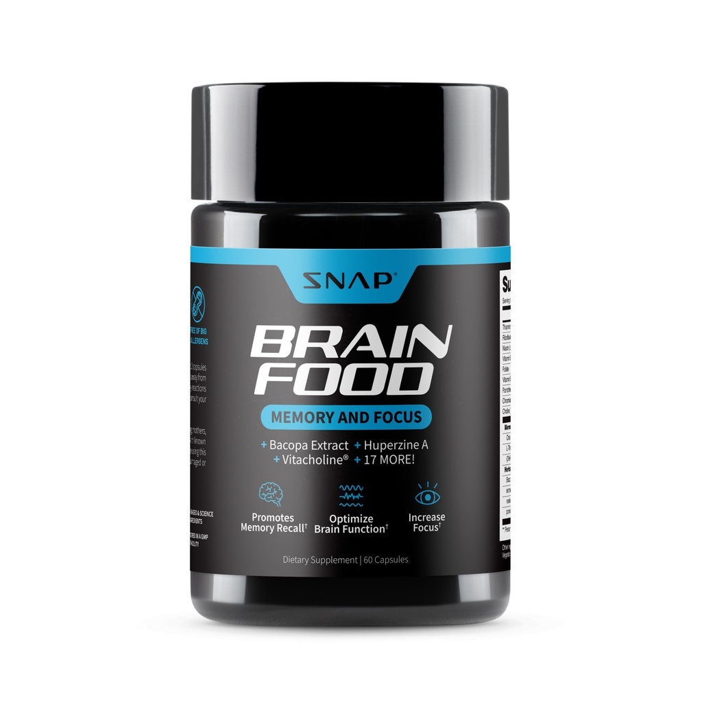 Snap Suplimente Brain Booster Nootrops Supliment pentru memorie, Focus & Clarity, Bacopa Extract, Ginkgo Biloba, 60 Capsule