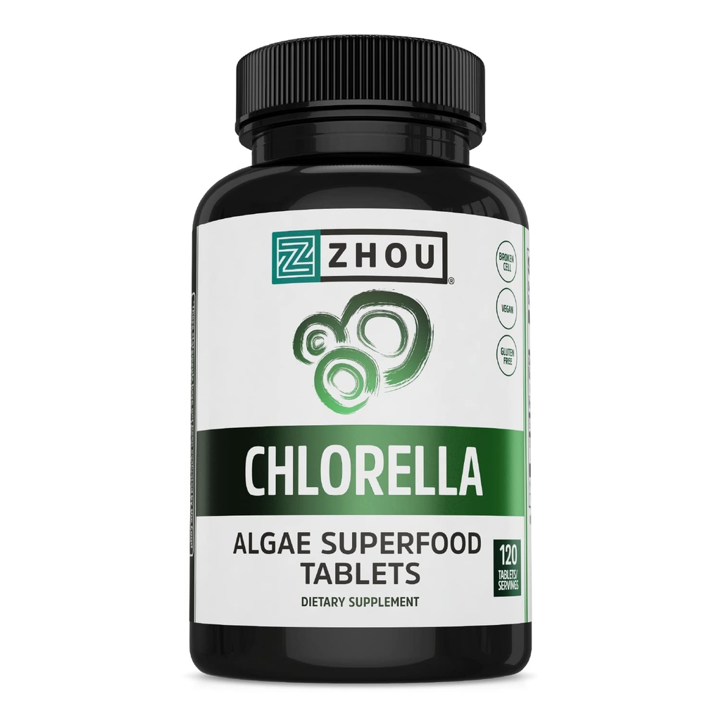 Comprimate de Zhou Chlorella - supliment Chlorella, vitamine clorofila, Superfood verde Algae pur, Pastile alimentare bogate nutritive Super, Perete de celule rupte - 120 comprimate Vegan