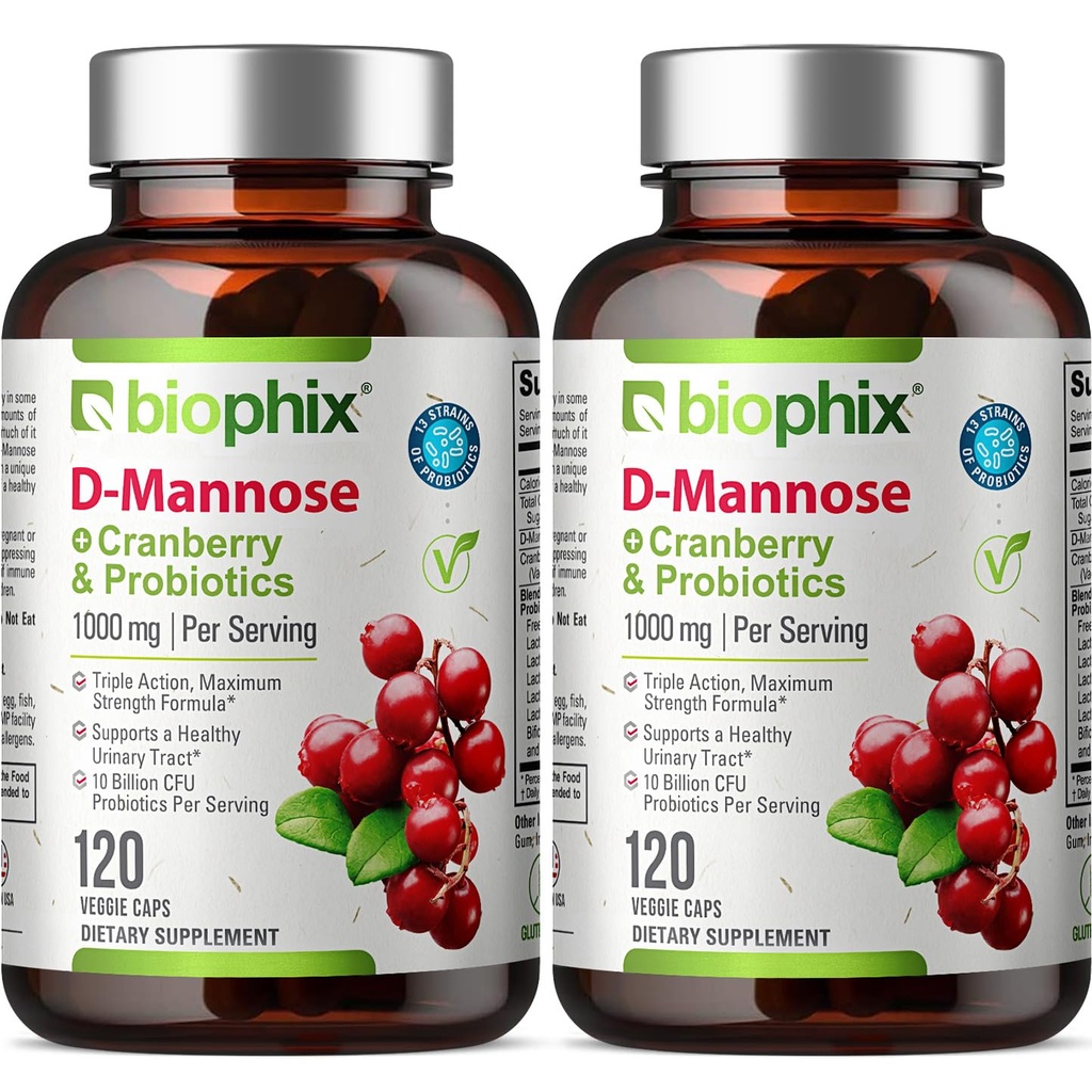 biofix D- Manose 1000mg Capsule cu Cranberry & Probiotice - D Manose Suplimente pentru femei - D- Mannose pastile pentru tract urinar & Bladder Health Support - Digestive Well-Being - 120 Vcaps 2 Pack