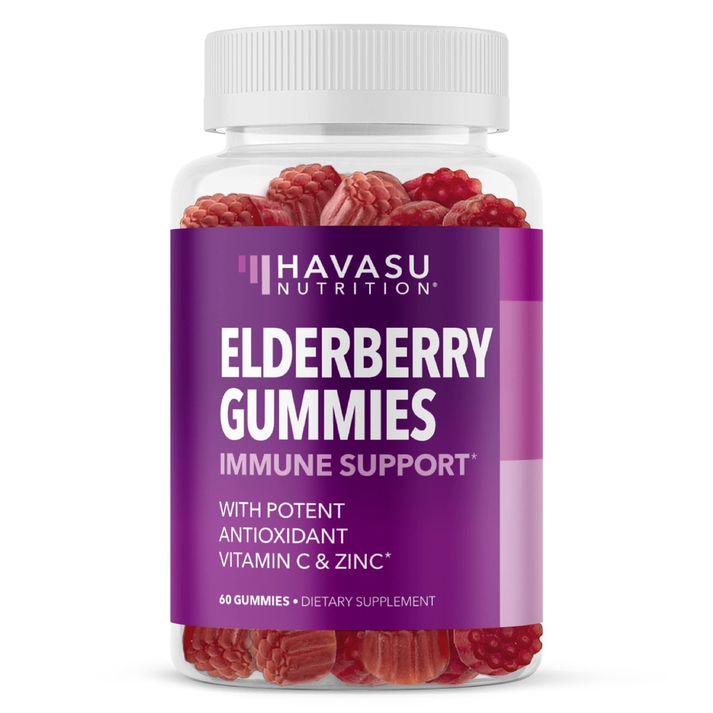 Sambucus Elderberry Gumries pentru adulți - Suppliment de sprijin imunitar cu vitamina C și zinc - Formula îmbunătățită pentru apărare zilnică - 60 Conte, 1 lună de aprovizionare, Aroma Berry - Wellness convenabil