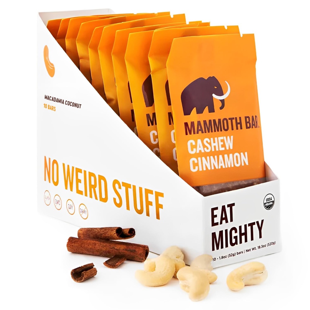 Caju Cinnamon Bar- Organic, Paleo, Gluten gratuit și crud de Mammoth Bar, 10-12g Proteina, 1.8 Oz. Bar (10 Baruri) ...
